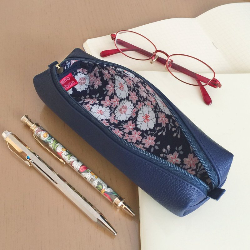 真皮与和风纹样笔袋【绢皱织】— 樱花纹样 - 铅笔盒/笔袋 - 真皮 蓝色