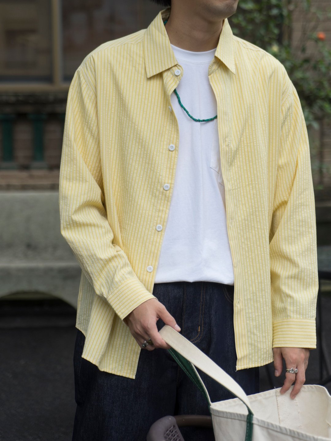 Shirt 日系質感泡泡面料 多巴胺條紋潮流寬鬆復古休閒襯衫Cityboy - 男装衬衫 - 棉 黄色