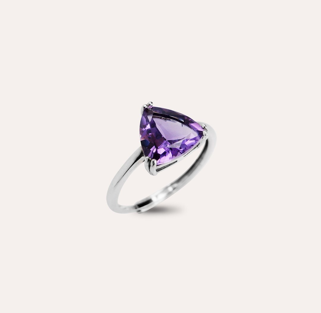 安珠 紫水晶 紫色 三角 9mm 戒指 经典系列 Triangle 宝石银饰 A - 戒指 - 银 紫色