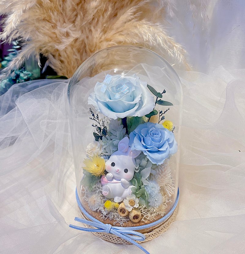 FengFlower 【可爱兔蓝色系不凋玫瑰玻璃罩】干燥花/不凋花/送礼 - 干燥花/捧花 - 植物．花 蓝色