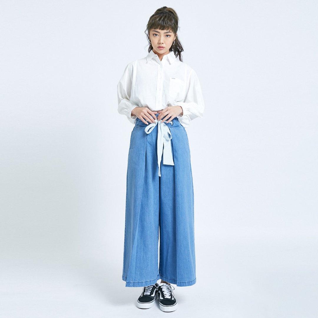 SOMETHING 系带设计打折宽版牛仔裤(拔洗蓝)#裤子#宽裤 - 女装长裤 - 其他材质 蓝色