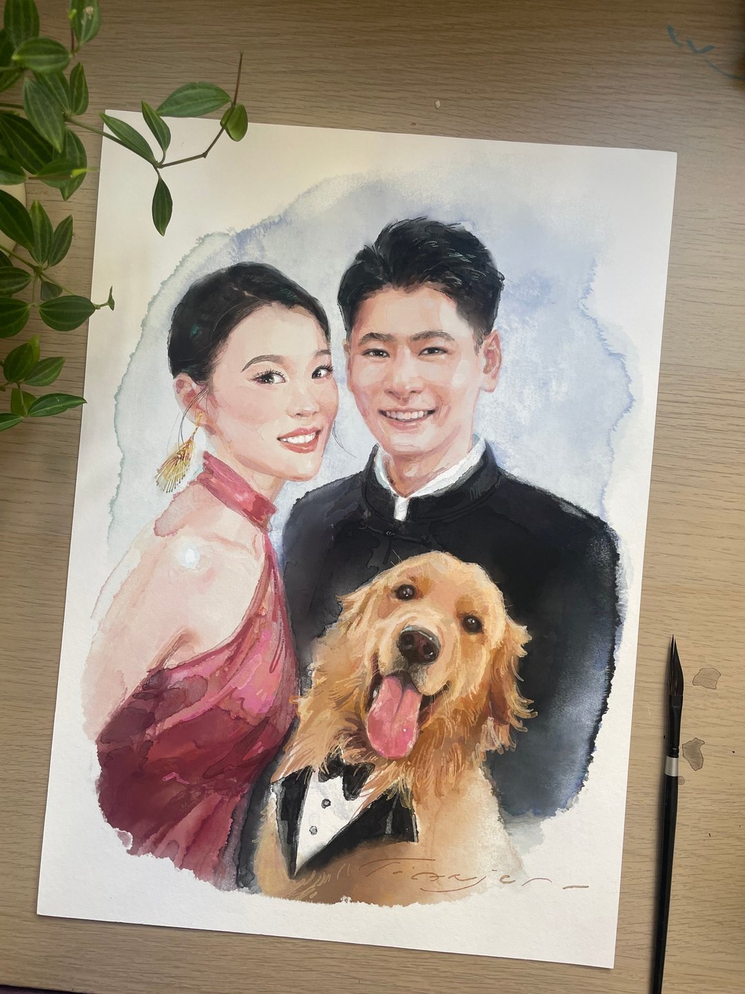 恬纸电绘水彩感婚纱照结婚照肖像定制 - 订制画像 - 其他材质 绿色