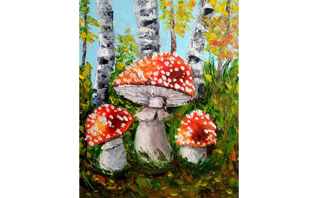 Mushroom Original Painting, Fly Agaric Wall Art, Birch Trees Picture, Forest Art - 海报/装饰画/版画 - 其他材质 多色