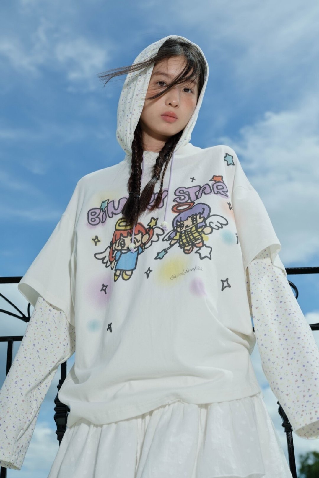 odd maker美式复古可爱天使碎花假两件连帽长袖T恤女休闲百搭上衣 - 女装 T 恤 - 棉 