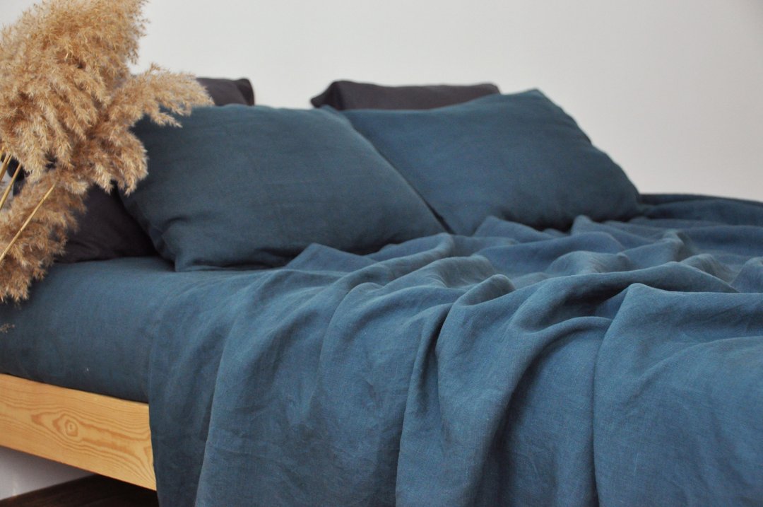 Charcoal teal linen flat sheet / Linen bedsheet/Softened stonewashed linen sheet - 寝具 - 亚麻 蓝色