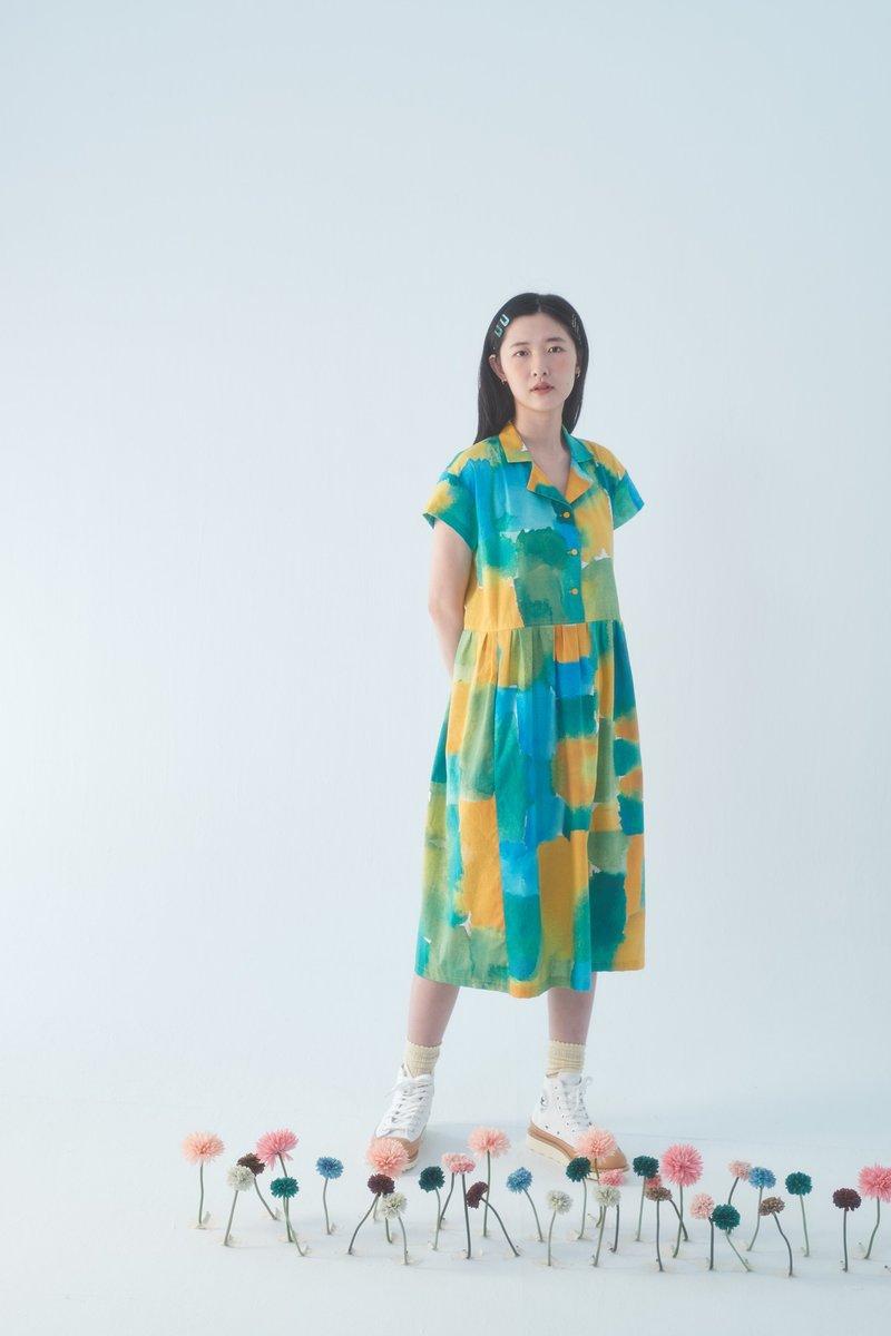 黄绿砖平领衬衫洋装 - 洋装/连衣裙 - 棉．麻 绿色