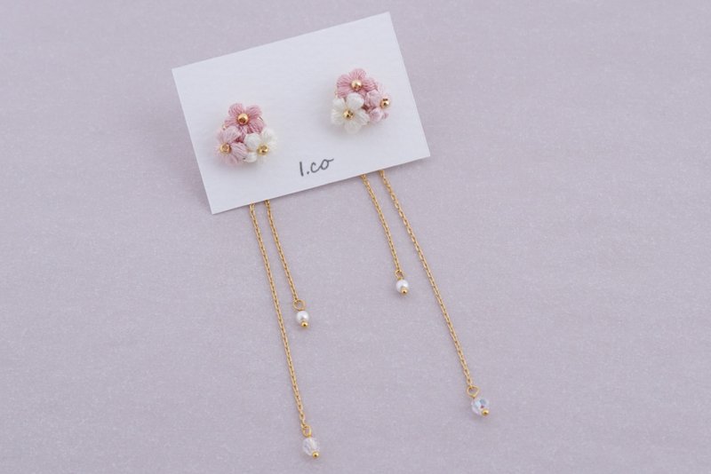 小花耳针/耳夹 - 耳环/耳夹 - 绣线 粉红色