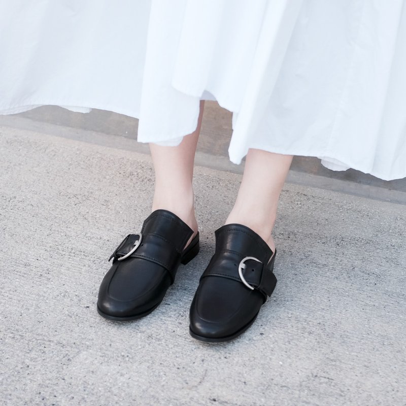 立体加高剪裁! 慵懒扣饰穆勒鞋  黑 全真皮 MIT -黑色 - 男女凉鞋 - 真皮 黑色