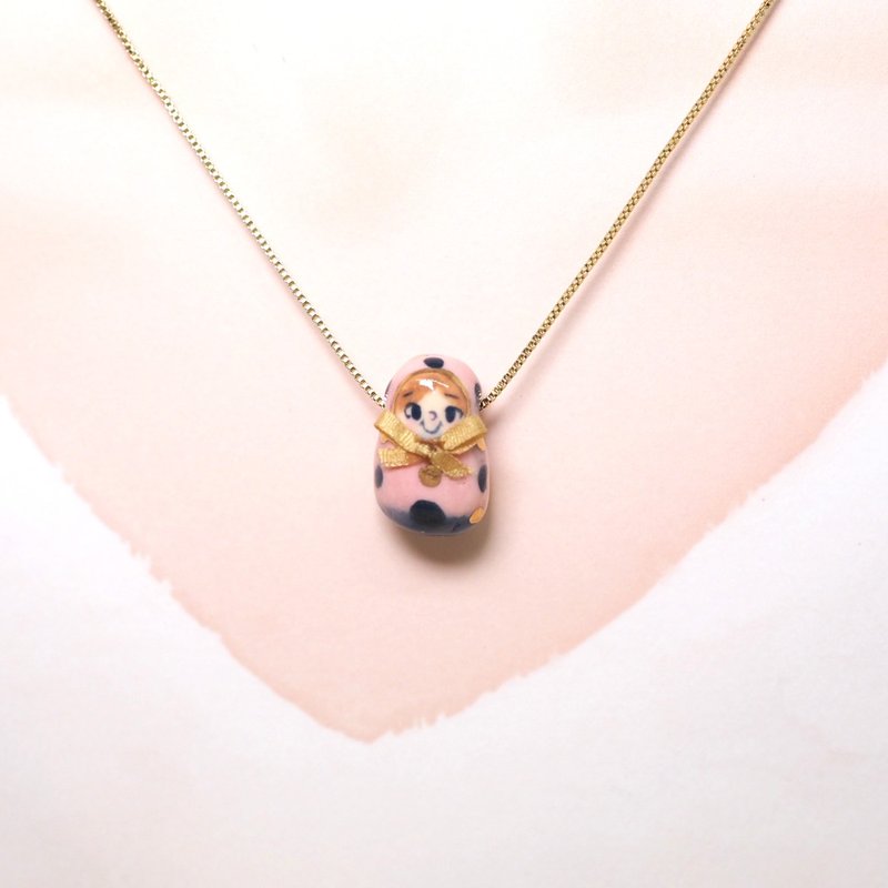 陶瓷粉红蓝点点俄罗斯娃娃吊咀颈链手链 - 项链 - 瓷 粉红色