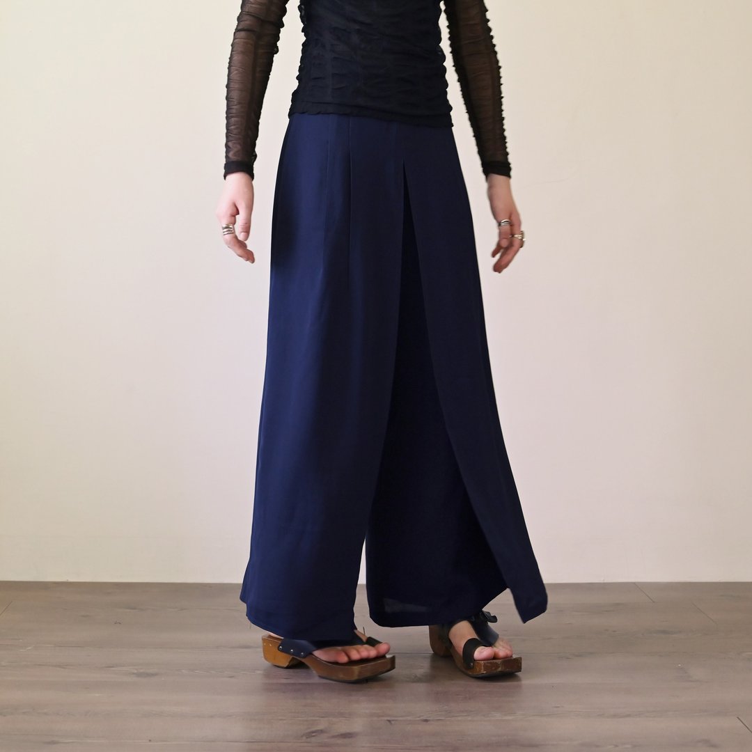 【NaSuBi Vintage】假两件设计纱质高腰古着长裤 - 女装长裤 - 其他人造纤维 蓝色