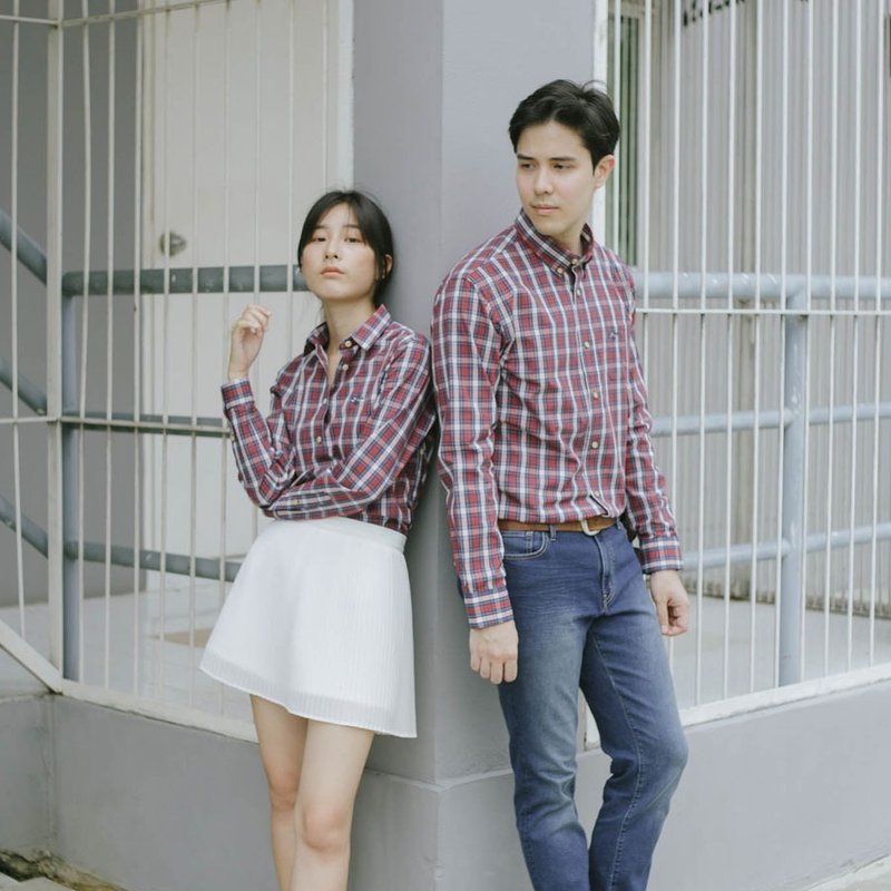 (尺寸 S) 虎鲸 // 红色格纹 // 男士修身版型 - 男装衬衫 - 棉．麻 红色