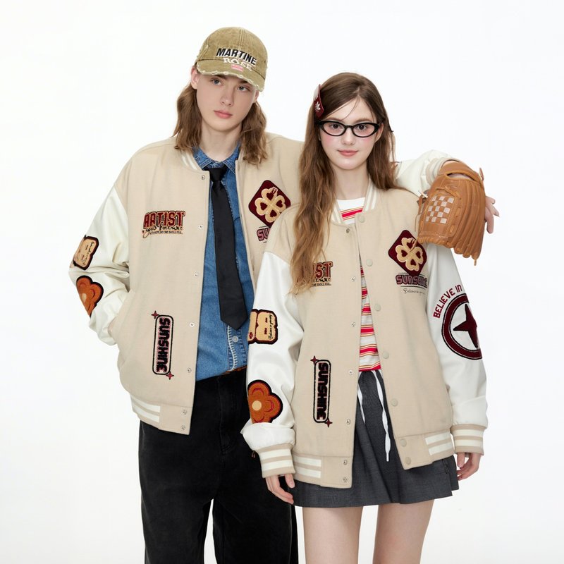 男士美式棒球服 重工刺绣夹克外套 - 男装外套 - 聚酯纤维 卡其色