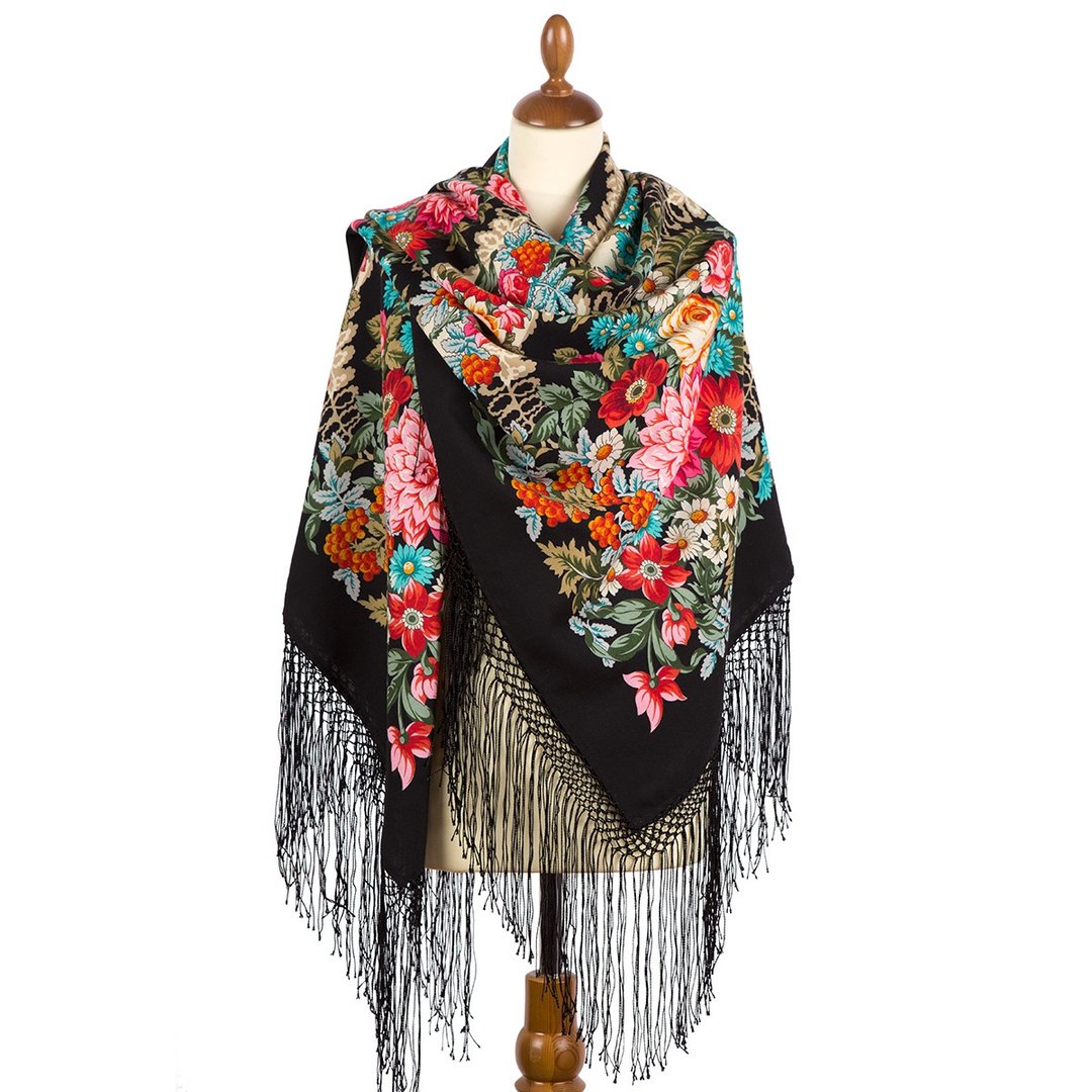 Pavlovo Posad Russian Shawl 100% Wool Scarf 148x148 cm Silk Fringe 385-18 - 丝巾 - 羊毛 黑色