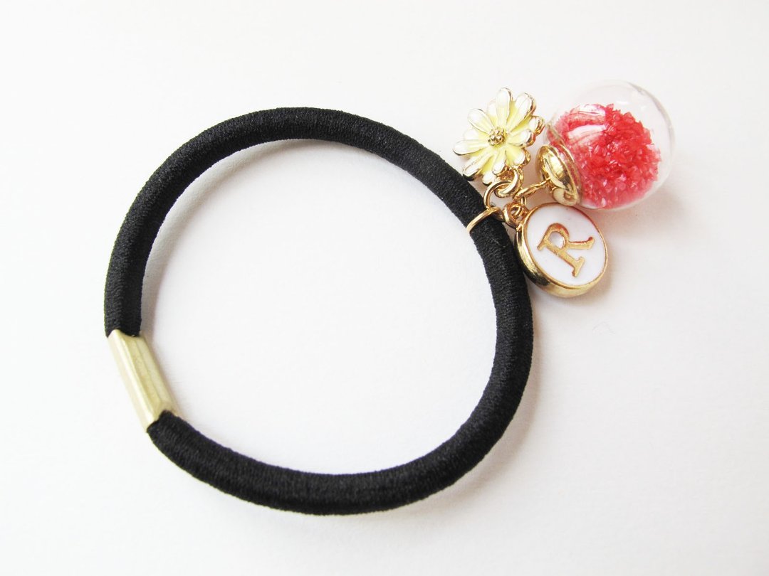 ＊Rosy Garden＊大红色星球砂砾矿石碎片玻璃球配黄白色小雏菊大草字母个性化橡皮筋发圈 结婚姊妹礼物 - 发饰 - 玻璃 红色
