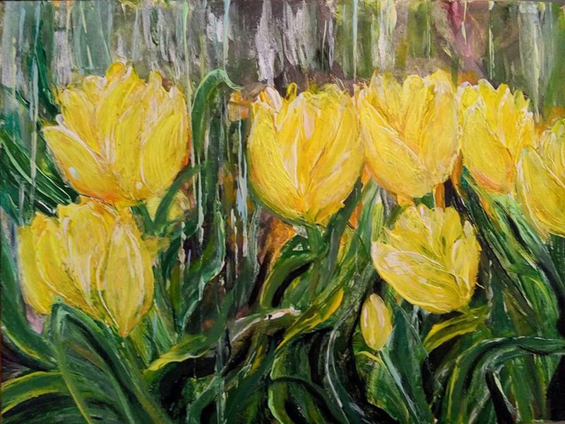 花卉墙艺术原画黄色郁金香春季风景彩色艺术品 - 墙贴/壁贴 - 其他材质 黄色