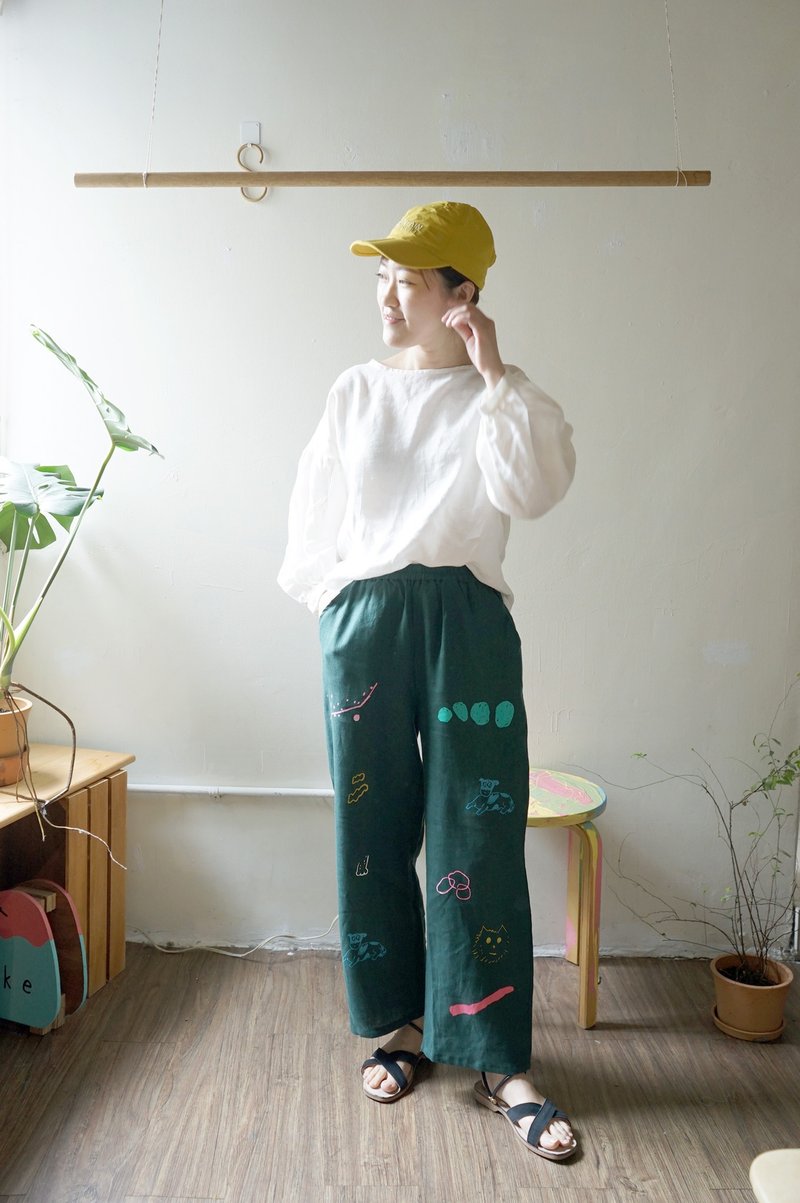 手工印花漂亮森林绿亚麻口袋宽裤 - 山棱 / 大脚小狗 - 女装长裤 - 棉 绿色