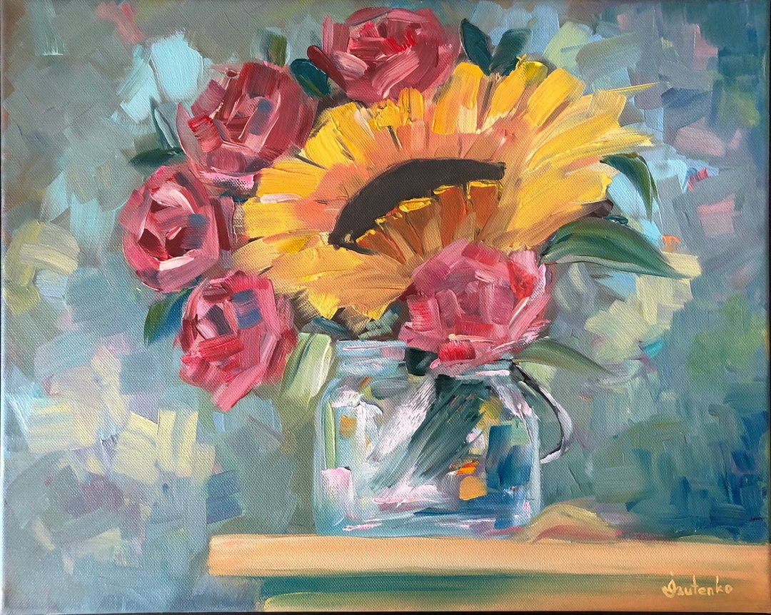 Roses Painting Sunflower Original Oil Art Flowers Artwork Floral Wall Art - 海报/装饰画/版画 - 其他材质 绿色