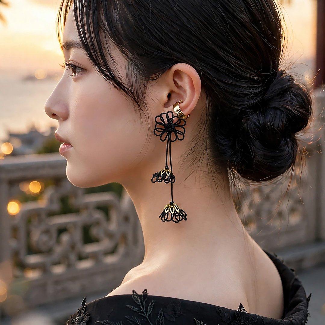 饰结单边耳骨夹 时之色彩・鸣【轻量】适用于浴衣、和服、日常穿搭。 - 耳环/耳夹 - 其他金属 黑色