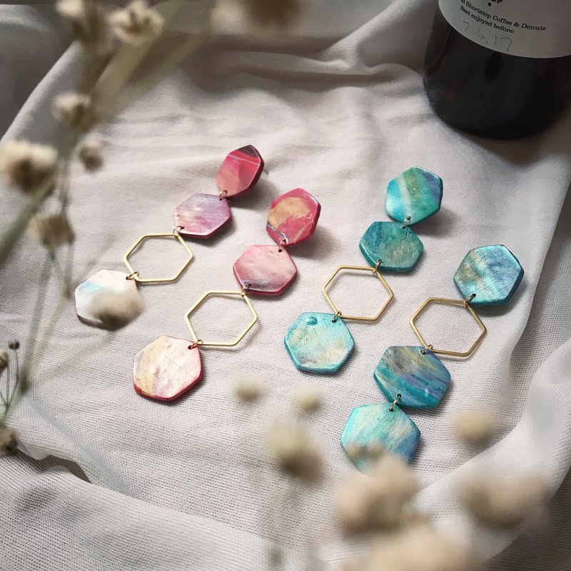 极光偏光系列-长款四串设计软陶耳环 湖水绿、火焰红、可选不对称 - 耳环/耳夹 - 陶 