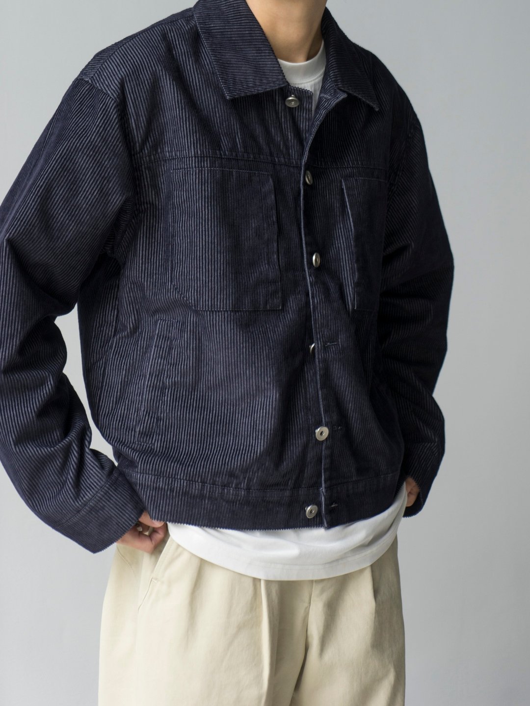 Jacket 重磅燈芯絨外套 日系復古寬鬆短cut剪裁多袋工裝夾克 - 男装外套 - 棉 蓝色
