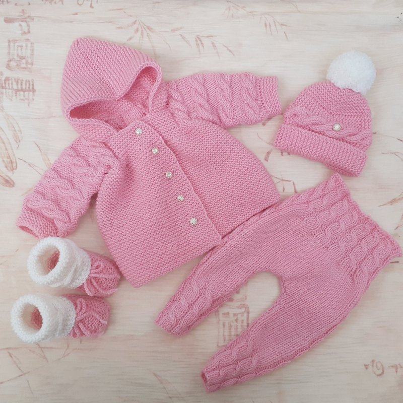 pink newborn girl set, baby winter clothes, coming home outfit, newborn sweater - 童装上衣 - 羊毛 粉红色