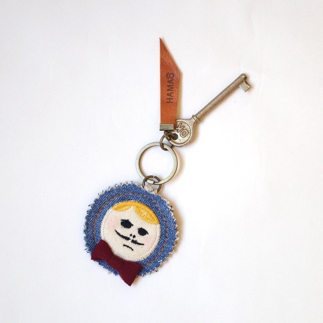 japan vintage key holder - used denim × wine red ribon - 钥匙链/钥匙包 - 棉 蓝色