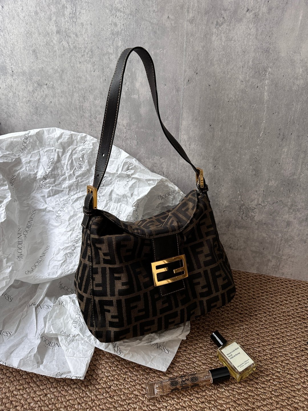 中古包 Fendi 芬迪 金扣双翻盖小薯条 - 手提包/手提袋 - 棉 咖啡色