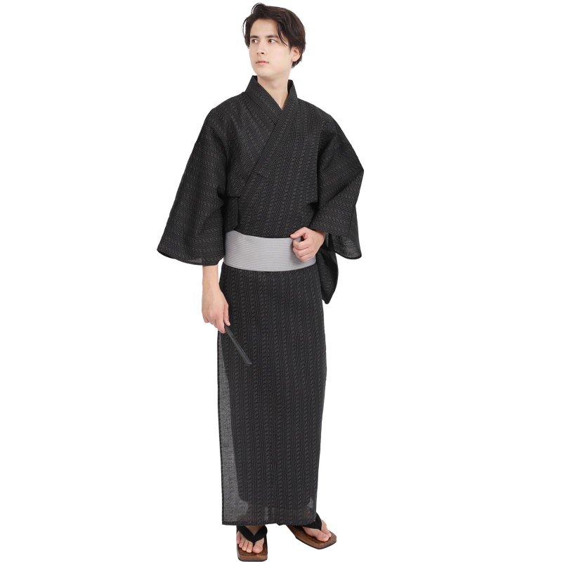 日本 和服 男 绵麻 浴衣 腰封 2 件 套组 S-LL WN02 - 其他 - 棉．麻 黑色