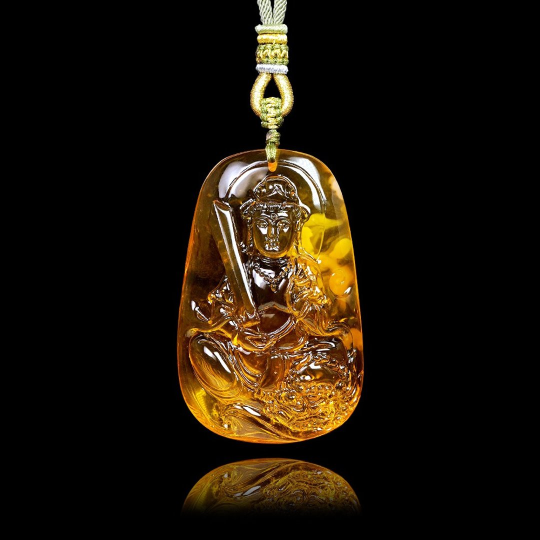 【正佳珠宝】蜜蜡琥珀 顶级金绞蜜 文殊菩萨 33.2g 金绞蜜吊坠 - 项链 - 半宝石 多色