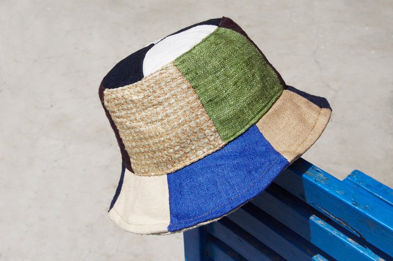 限量一件 大地森林风拼接手织棉麻帽 / 渔夫帽 / 遮阳帽 / 拼布帽 / 手工帽 - 露营必备对比色拼接帽 - 帽子 - 棉．麻 多色