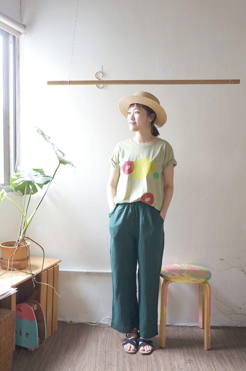 心花系列-舒服森林绿色亚麻口袋直筒口袋宽裤 - 女装长裤 - 棉．麻 绿色