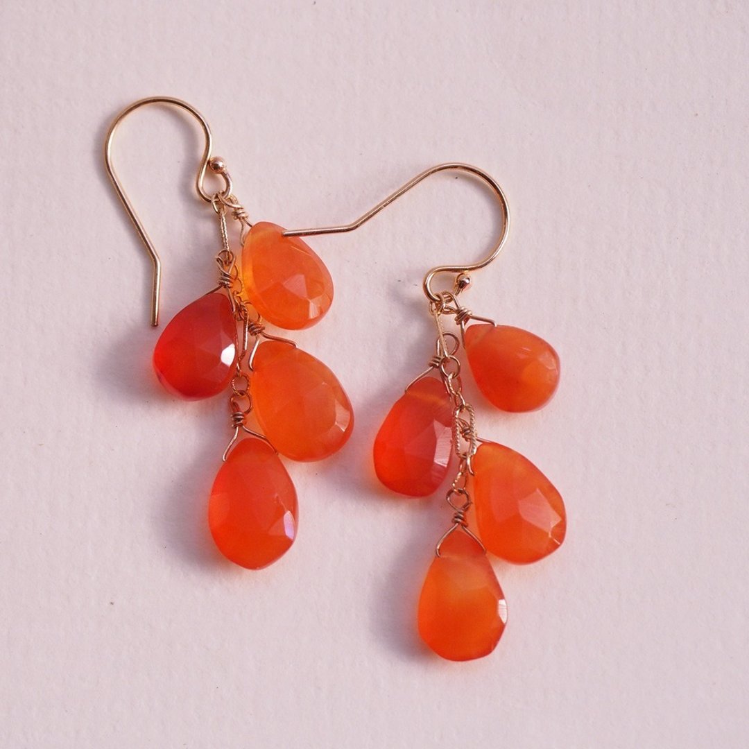 天然光玉髓  红玉髓 14KGF 吊灯式耳环 Carnelian Earrings - 耳环/耳夹 - 半宝石 橘色