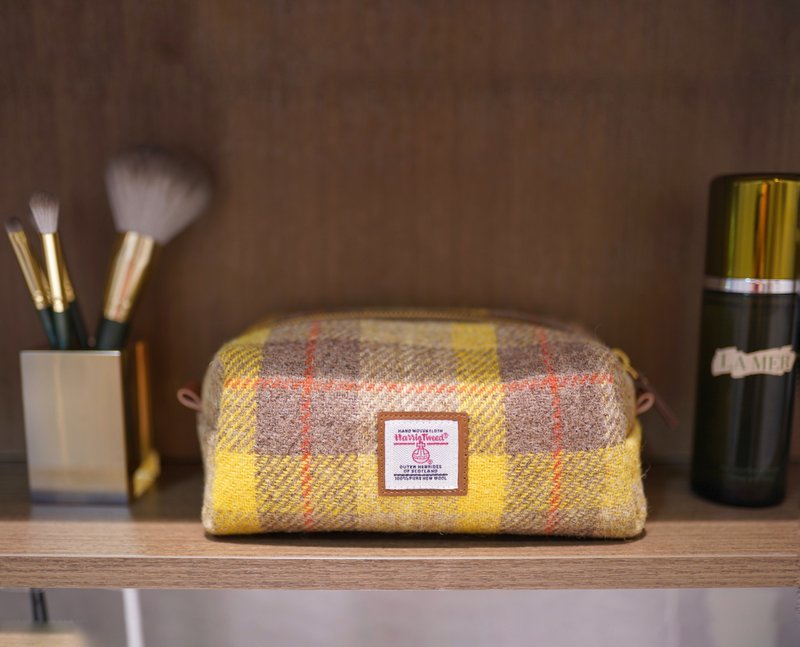 手作苏格兰复古格纹拉链化妆包收纳袋小方包大容量万用包 - 化妆包/杂物包 - 羊毛 黄色