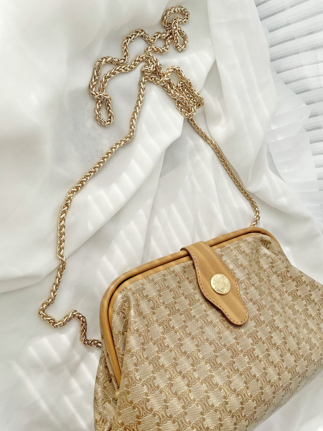 中古包 CELINE 米花口金包链条包单肩包云朵包斜背包斜挎包化妆包 - 侧背包/斜挎包 - 防水材质 卡其色