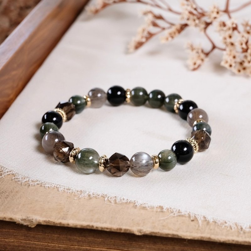 绿发晶 茶晶 黑金骨干 黑曜石 手链 天然矿石水晶 - 手链/手环 - 水晶 绿色