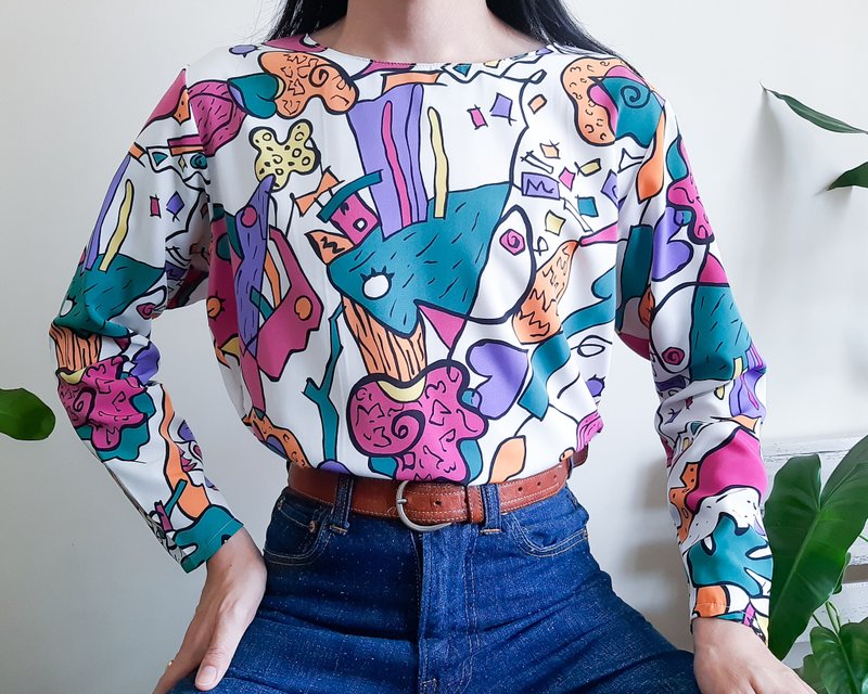 中号 - 复古多色抽象衬衫趣味印花衬衫套头衫 - 女装上衣 - 聚酯纤维 多色