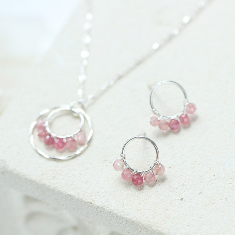 10月诞生石。 粉红碧玺天然石 简约纯银圆圈耳环 轻珠宝礼物 - 耳环/耳夹 - 宝石 粉红色
