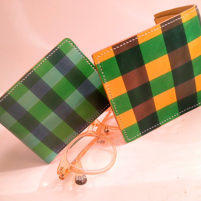 Genuine leather-hand-stitched-hand-dyed check and stripe bi-fold wallet-yellow - 皮夹/钱包 - 真皮 黄色