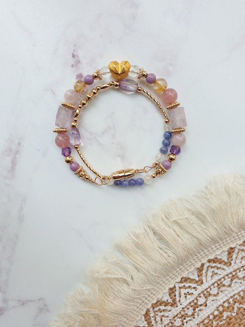 纯金爱心/粉紫色系双硬圈手链/原创设计/设计款手链/紫锂辉石/粉 - 手链/手环 - 水晶 