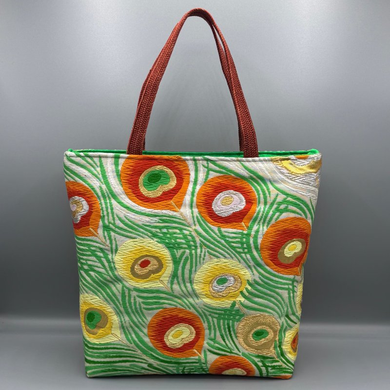 和服 腰带 腰带绳 再造 托特包 手工 绿色 孔雀羽纹 - 手提包/手提袋 - 丝．绢 绿色