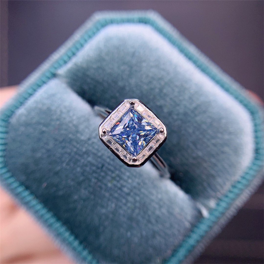 Blue Moissanite Ring, 1 Ct Moissanite Ring, Crackling Moissanite Ring - 戒指 - 其他金属 银色