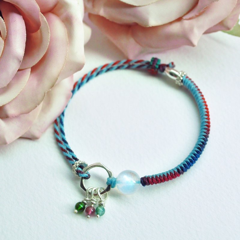 【月下】－蜡线编织－月光石 碧玺珠纯银蜡线编织手环 - 手链/手环 - 其他材质 多色