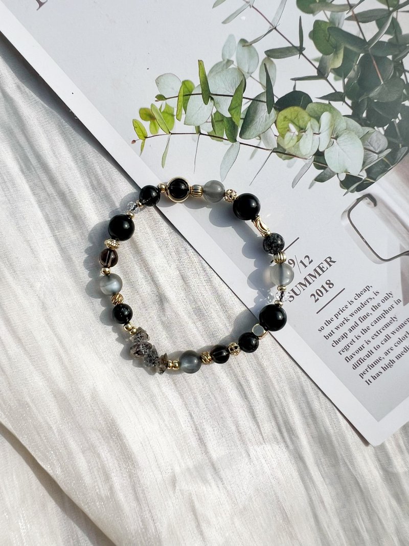 黑曜石 不规则闪灵钻 黑闪灵钻 茶晶 黑太阳骨干 水晶手环 手链 - 手链/手环 - 水晶 