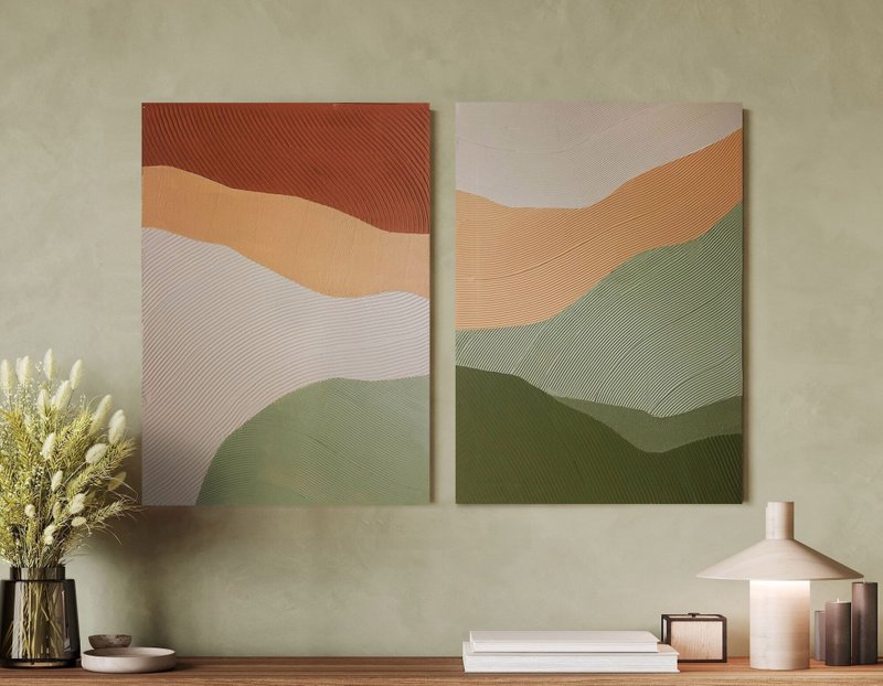 橙绿色绘画|两件式墙艺术|绿色抽象艺术|字段集 - 墙贴/壁贴 - 棉．麻 橘色