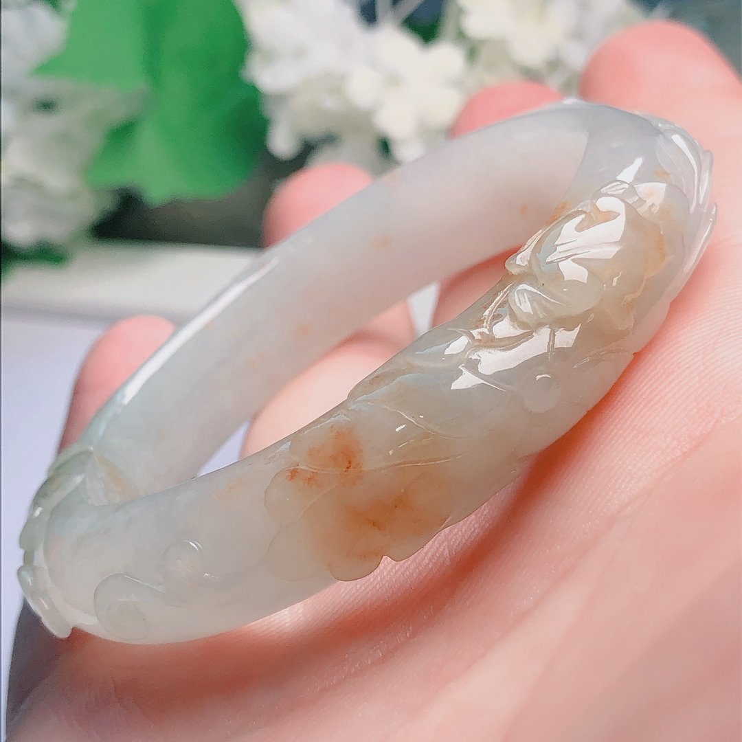 冰种飘红翡翠贵妃雕花镯 | 17.5 围 | 天然缅甸玉翡翠 A 货 | 送礼 - 手链/手环 - 玉石 透明