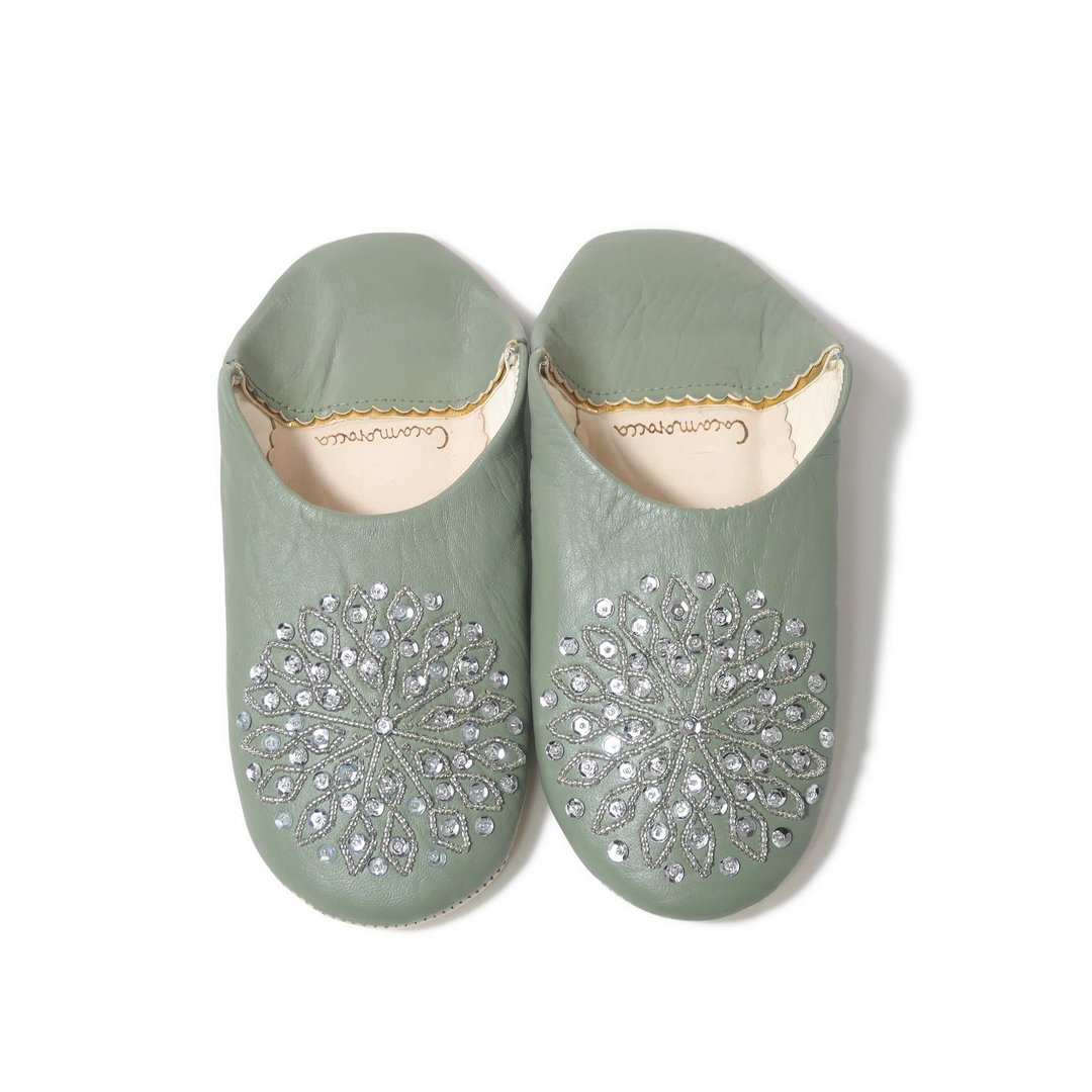 Olive / silver / moroccan Leather babouche Slippers / High quality odourless - 室内拖鞋 - 真皮 绿色