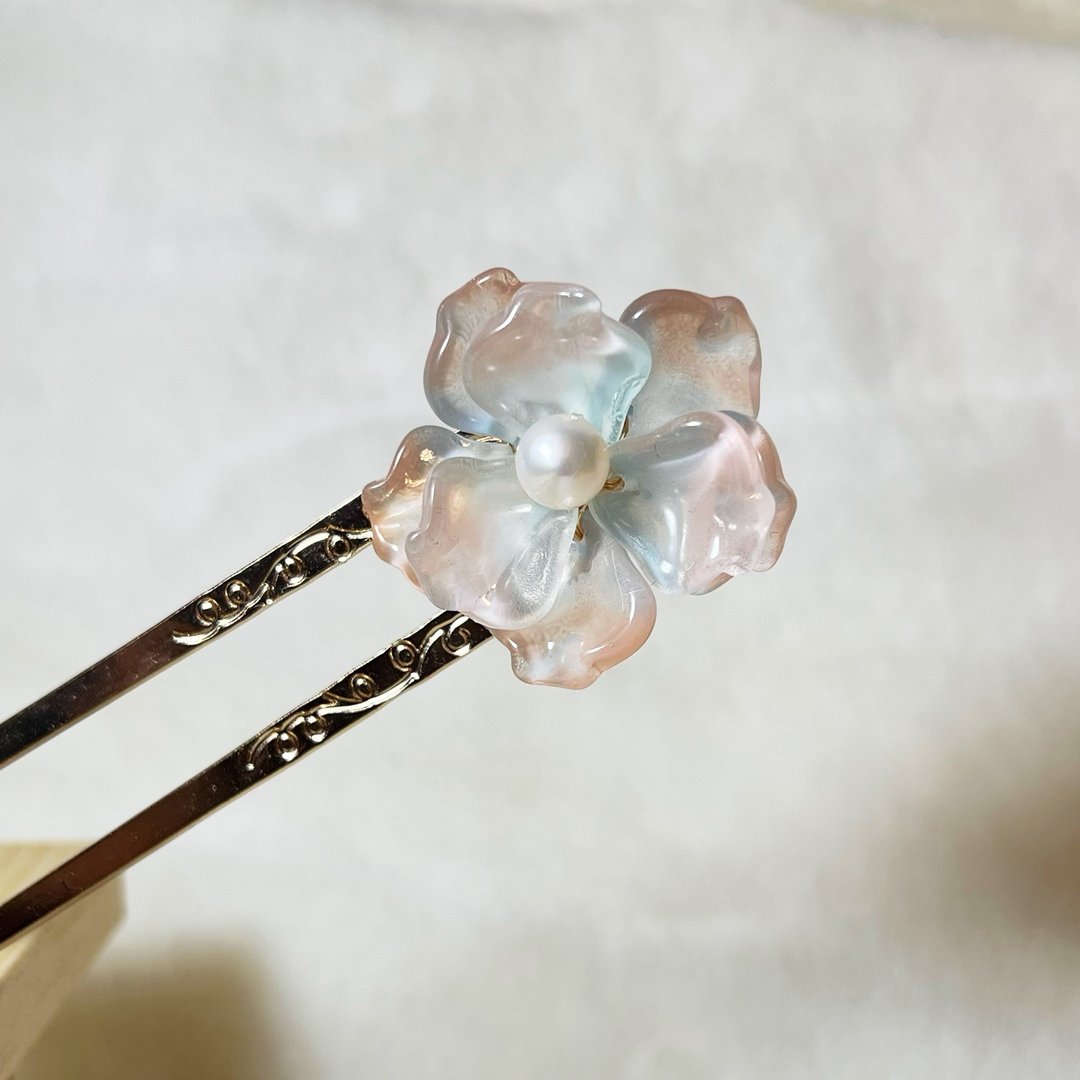 浅橙蓝樱草花珍珠发簪 · 一物一图 · - 发饰 - 珍珠 蓝色