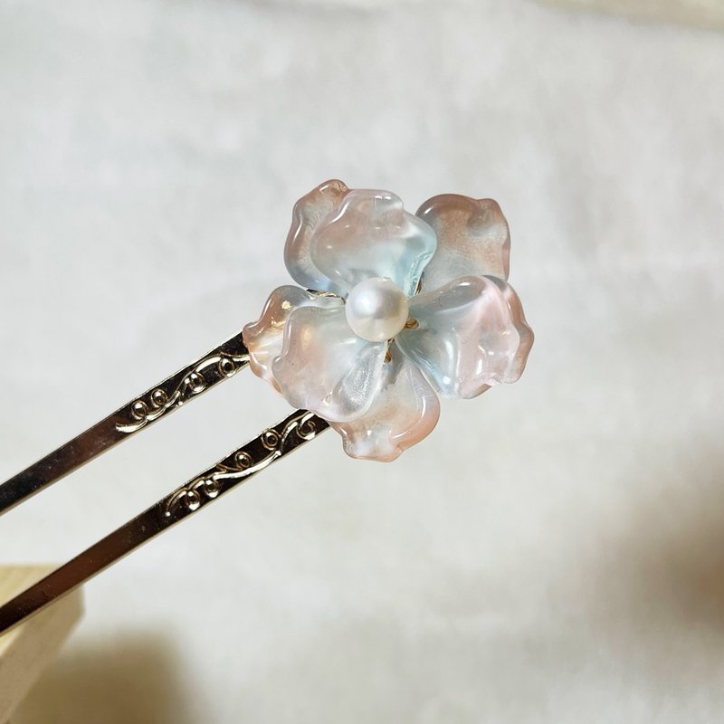 浅橙蓝樱草花珍珠发簪 · 一物一图 · - 发饰 - 珍珠 蓝色