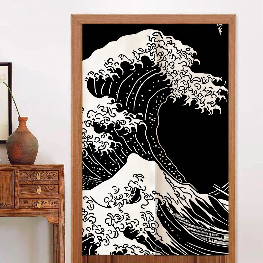 大海浪日式門簾黑色居家質感隔斷簾子/開運好物 - 门帘/门牌 - 聚酯纤维 黑色