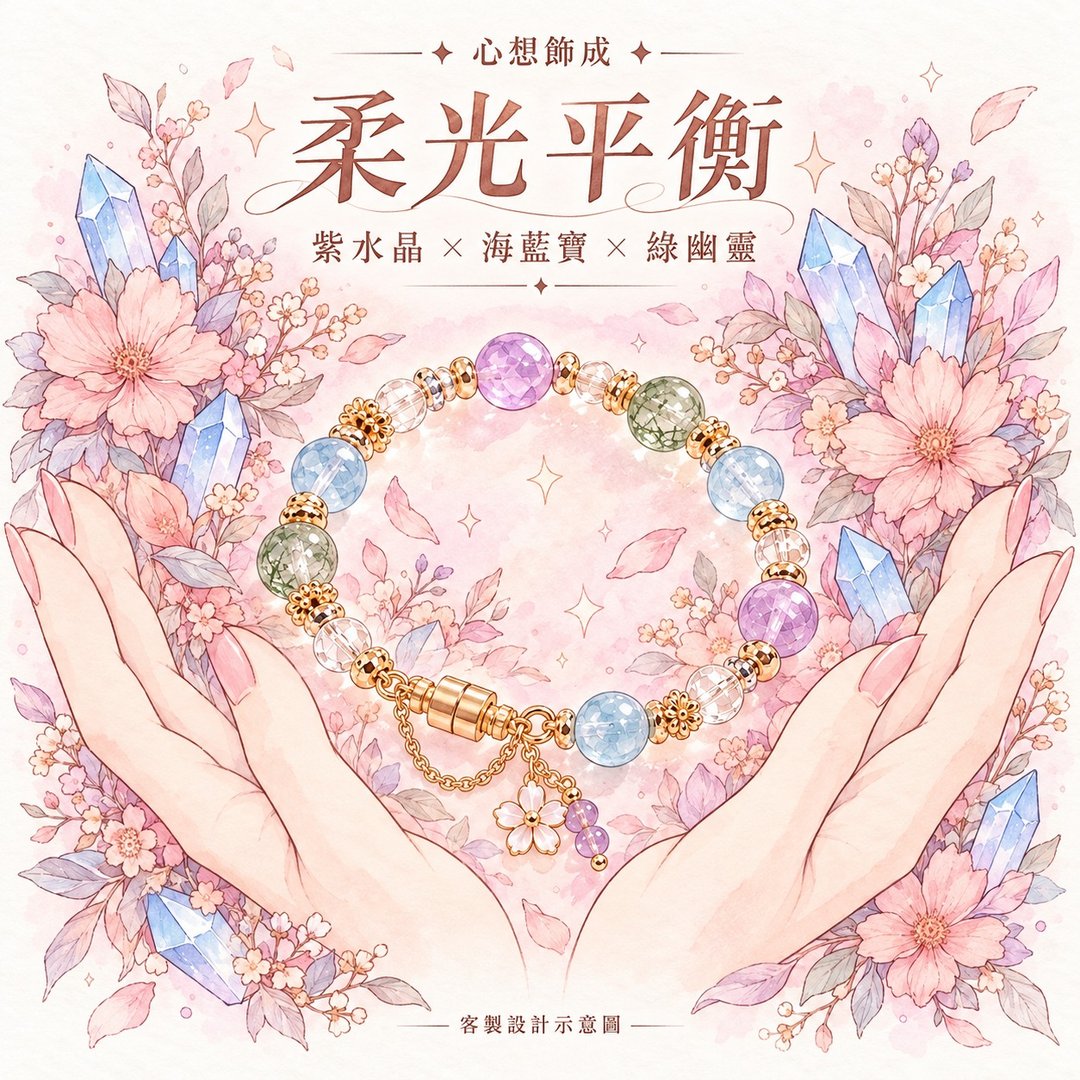 柔光平衡 紫水晶・海蓝宝・绿幽灵 磁扣安全链订制手链 - 手链/手环 - 水晶 多色